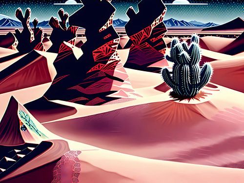 Surreële woestijndromen: Een dampwave-oase onder een sterrenhemel