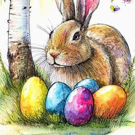 Osterhase mit bunten Ostereiern im Gras mit Birkenbäumen von Jörg B. Schubert