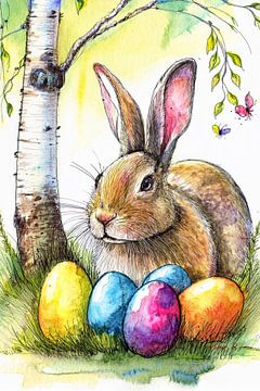 Easter bunny with colourful Easter eggs in the grass with birch trees by Jörg B. Schubert