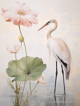 Japandi, grote Witte Reiger en Waterlelie van Caroline Guerain