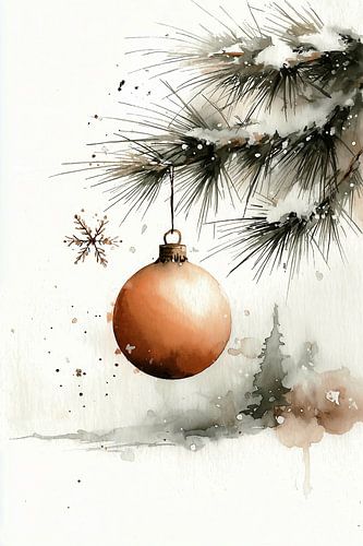 Branche de pin avec boule de Noël à l'aquarelle n°1