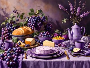 Table de petit-déjeuner violette avec raisins, pain et fromage - nature morte classique douce