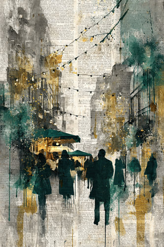 City in the Rain – Serene Painting, Petrol