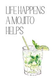 Life Happens A Mojito Helps Poster – Cocktail Illustration – Home Bar Decor – Fresh Wall Art for Kit by Marian Nieuwenhuis