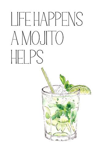 Life Happens A Mojito Helps Poster – Cocktail Illustratie – Thuisbar Decor – Frisse Wanddecoratie voor de Keuken of Woonkamer