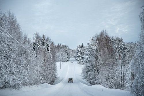 Driving through the snow | Reisfotografie in winters Scandinavie in wit, lichtblauw en lichtbruin
