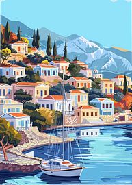 Mediterranean Hillside Harbor of Symi Greece by Art Kingdom