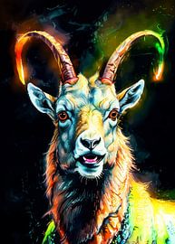 Alpine Ibex Neon Watercolor Art – Majestueuze bergdieren wanddecoratie
