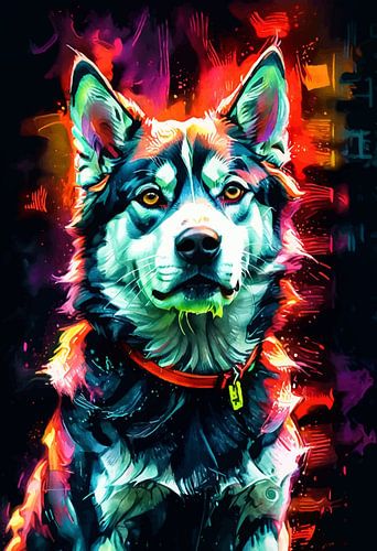 Siberian Husky Neon Watercolor Art – Loyale Arctische hond Moderne wanddecoratie