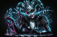 Cyberpunk Jester vrouw Woonkunst - Neon Schaakdame Print voor Moderne Huisdecoratie