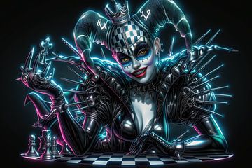 Cyberpunk Jester Woman Wall Art - Neon Chess Queen Print for Modern Home Decor by Shine By Nous