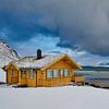 hoelzernes gelbes Haus oder Huette in Winterlandschaft bei stürmischen Wetter  mit Meer und Bergen von Jürgen Ritterbach