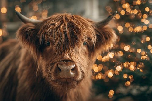 Highlander in Christmas Light Warm Festive Mood with Shimmering Bokeh