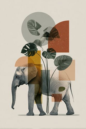 Elefant mit Monstera in abstrakter Harmonie