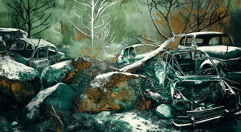 Junkjard, voitures en décomposition - Collage par Nick Wendt