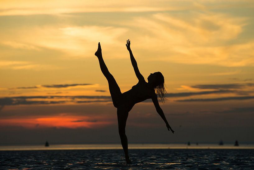 Artistique silhouette nue avec le coucher du soleil dans la mer des Wadden par Arjan Groot