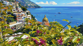 'Over the Bougainvillea Balustrade': a painting of Positano on the Amalfi Coast by Dirk van der Ven