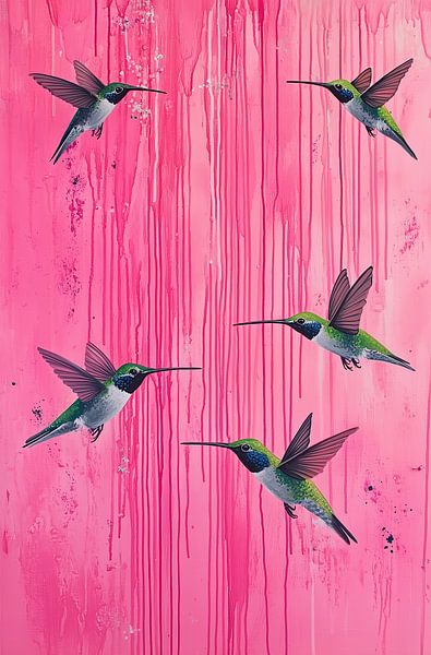 Drip Art mit rosa Hintergrund und 5 fliegenden bunten Kolibris von Danny van Eldik - Perfect Pixel Design