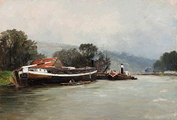 Carlos de Haes-Paysage de bateau sur la Seine, paysage ancien