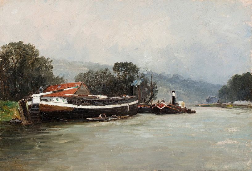 Carlos de Haes - Schiffslandschaft auf der Seine, Antike Landschaft von finemasterpiece