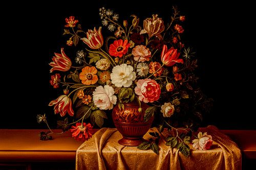 Klassiek bloemstilleven in warme tinten op donkere achtergrond
