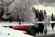 Droombeeld met rode boot in een winter landschap 1 van Maarten Knops thumbnail