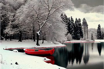 Traumlandschaft mit rotem Boot in einer Winterlandschaft 1 von Maarten Knops