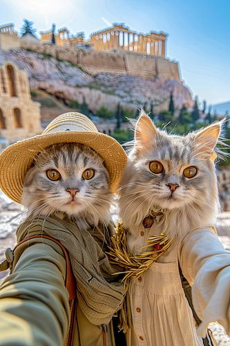 Katten selfie met de Akropolis