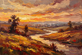 Une plaine au crépuscule avec une ville au loin sur Levi Schreuder