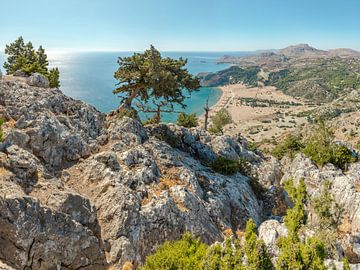 Plage de Tsampika vue du monastère Panagia Tsambika, Colympia, Rhodes, Rhodes, Grèce sur Rene van der Meer