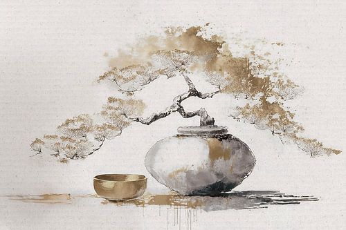 Stillleben eines Bonsai-Baums in zartem Gold