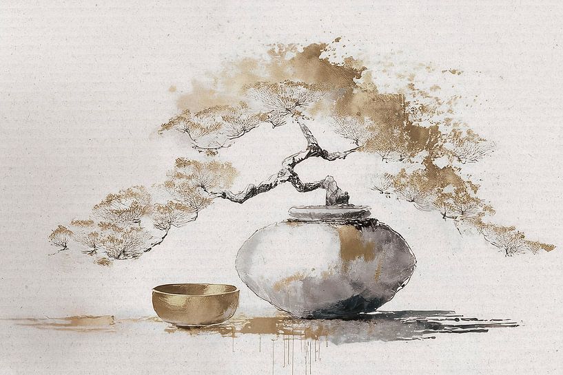Still life painting of Bonsai tree in soft gold by Studio Pieternel