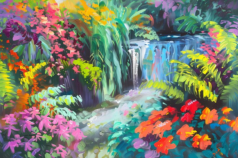 Impressionistic waterfall with colourful flowers by Art & Soul Creations
