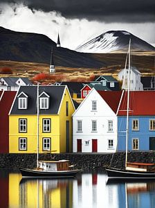 Island Küstenlandschaft Häuser Kirche Boote Spiegelung