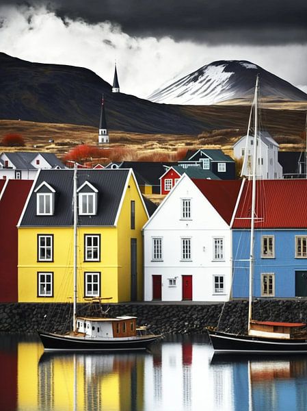 Islande Paysage côtier Maisons Église Bateaux Reflet par gm_designs