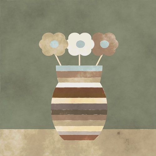 Three flowers in a multicoloured vase