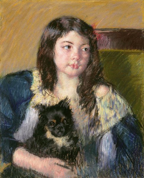 Françoise, met een hondje, ver naar rechts kijkend, Mary Cassatt van Meesterlijcke Meesters