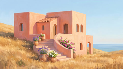 Pastellfarbene Villa an der Küste inmitten goldener Felder