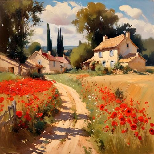 Vieilles bâtisses en bas de la route avec des coquelicots