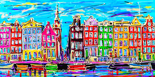 Amsterdamse gracht, huizen, boten en de Zuiderkerk