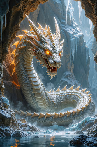 Fantasy Art Wandbild: DRAEGHORAX - Der weiße Drache in der Eishöhle