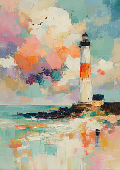 Lighthouse on a pastel-coloured beach