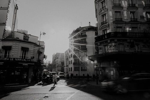Street scene in central Paris during sunset black and white