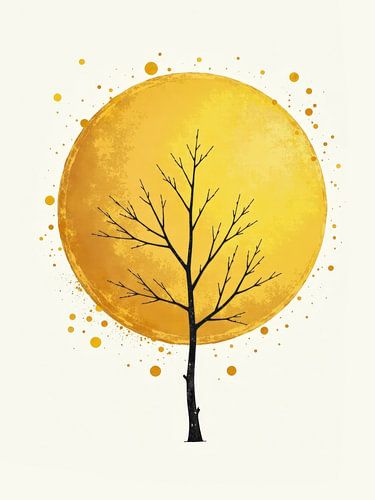 Kale boom silhouet met gele cirkel en stippen