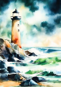 Lighthouse by the sea - watercolour landscape by Niklas Maximilian