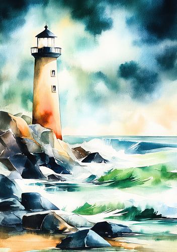 Vuurtoren aan zee - aquarel landschap