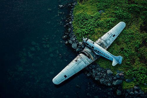 Epave d'un avion au bord de l'eau - vue aérienne