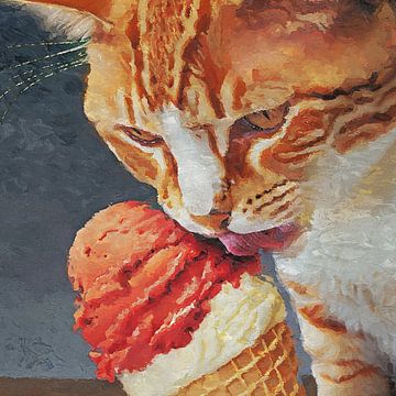 Rode kater likt aan een ijsje (kunst, schilderij) van Art by Jeronimo