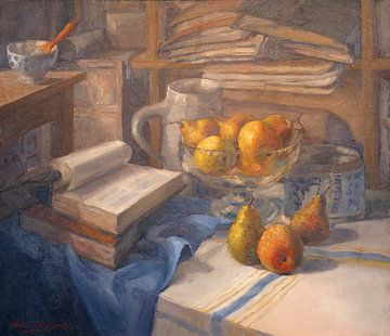 Stilleben mit Büchern, Äpfeln und Birnen. Öl auf Karton