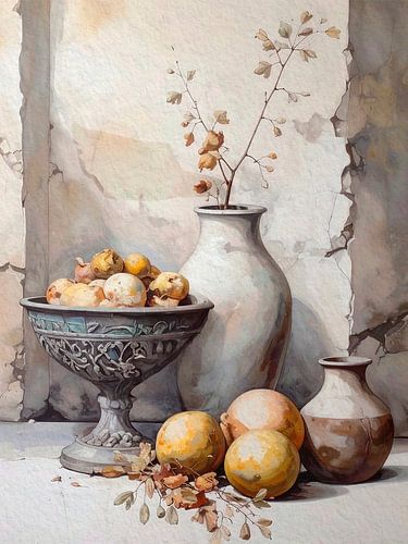 Romantisch stilleven met fruit en vazen